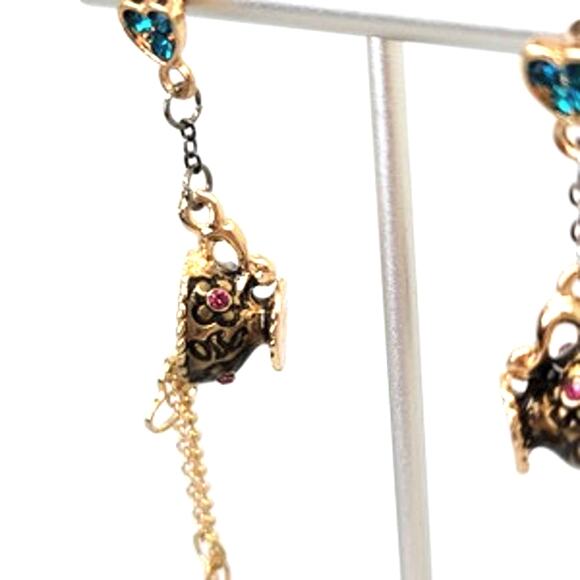 Whimsical Tea Cup Spilling Gold Tone Chains & Crystals Dangle Earrings - Picture 3 of 7